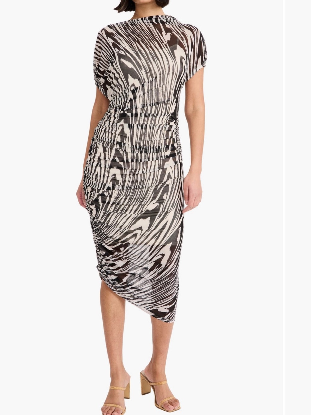 Abstract Zebra-Print Ruched Midi Dress in Black and Cream